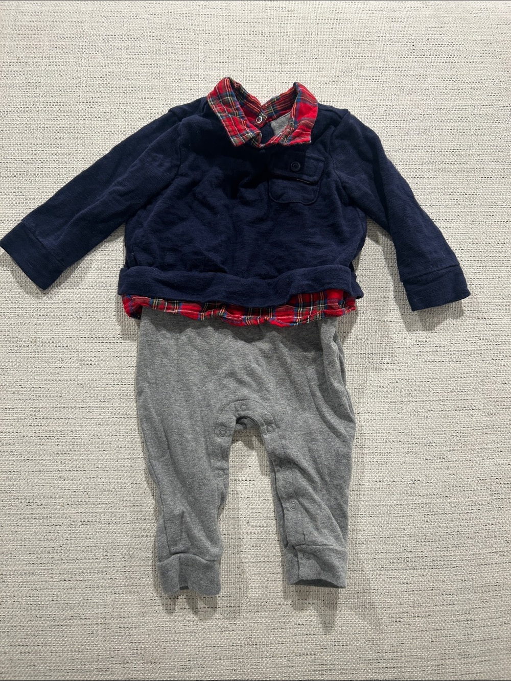 Navy Top with Red Plaid Trim and Gray Pants Baby One Piece Outfit
